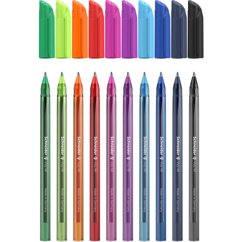 Schneider Vizz - Penna a sfera con cappuccio, tratto medio, corpo in plastica riciclata al 94%, tecnologia Gelco, confezione da 10 pezzi, colori assortiti