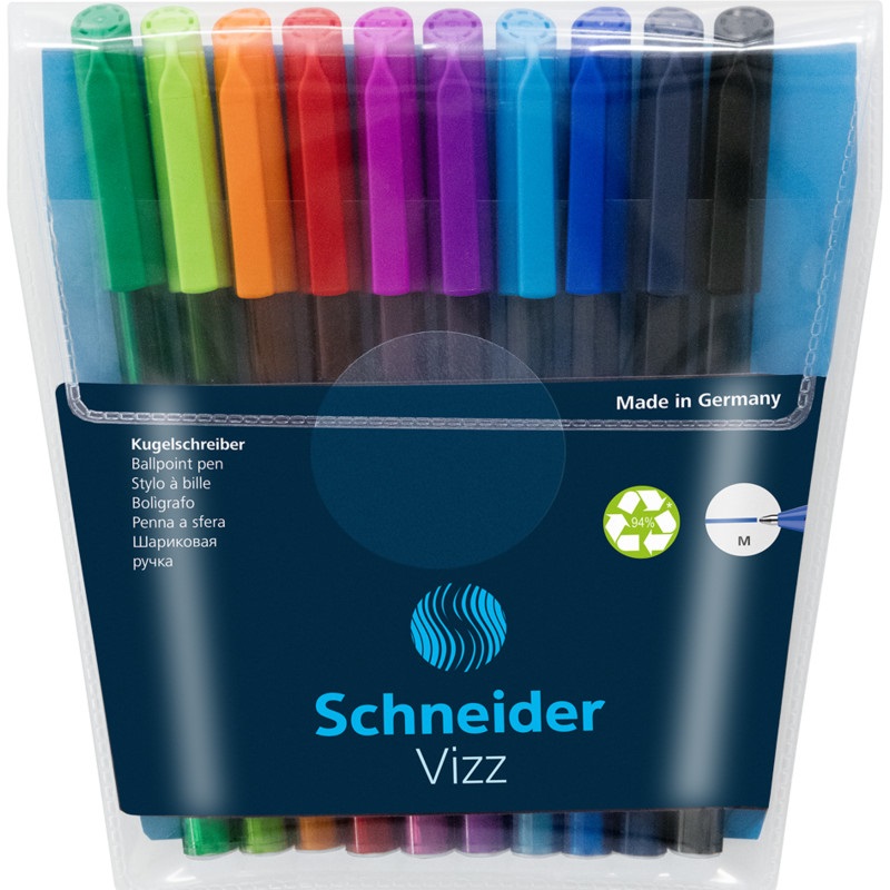 Schneider Vizz - Penna a sfera con cappuccio, tratto medio, corpo in plastica riciclata al 94%, tecnologia Gelco, confezione da 10 pezzi, colori assortiti