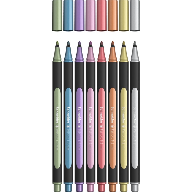 Schneider Metallic Liner 020 - Astuccio 8 pennarelli con punta 1-2 mm, colori assortiti, inchiostro metallizzato di alta qualità