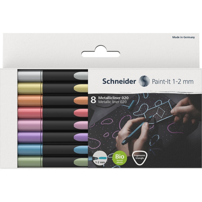 Schneider Metallic Liner 020 - Astuccio 8 pennarelli con punta 1-2 mm, colori assortiti, inchiostro metallizzato di alta qualità
