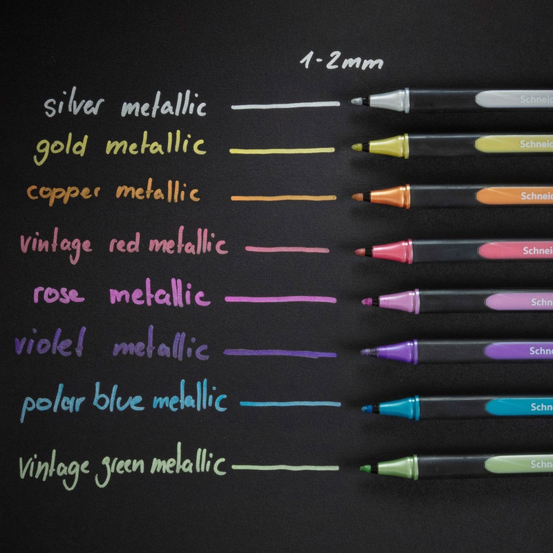 Schneider Metallic Liner 020 - Astuccio 8 pennarelli con punta 1-2 mm, colori assortiti, inchiostro metallizzato di alta qualità