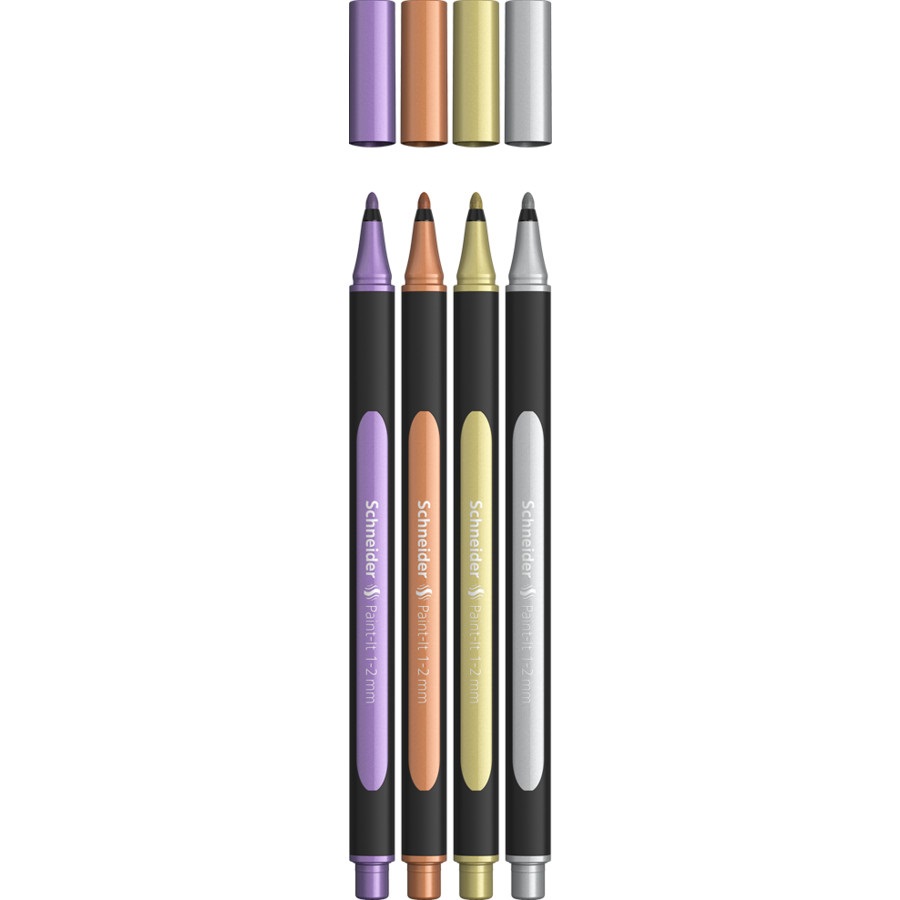 Schneider Pennarello Metallic Liner 020 - Conf. 4 pezzi, Punta 1-2 mm, Colori Assortiti, Fusto in Bioplastica