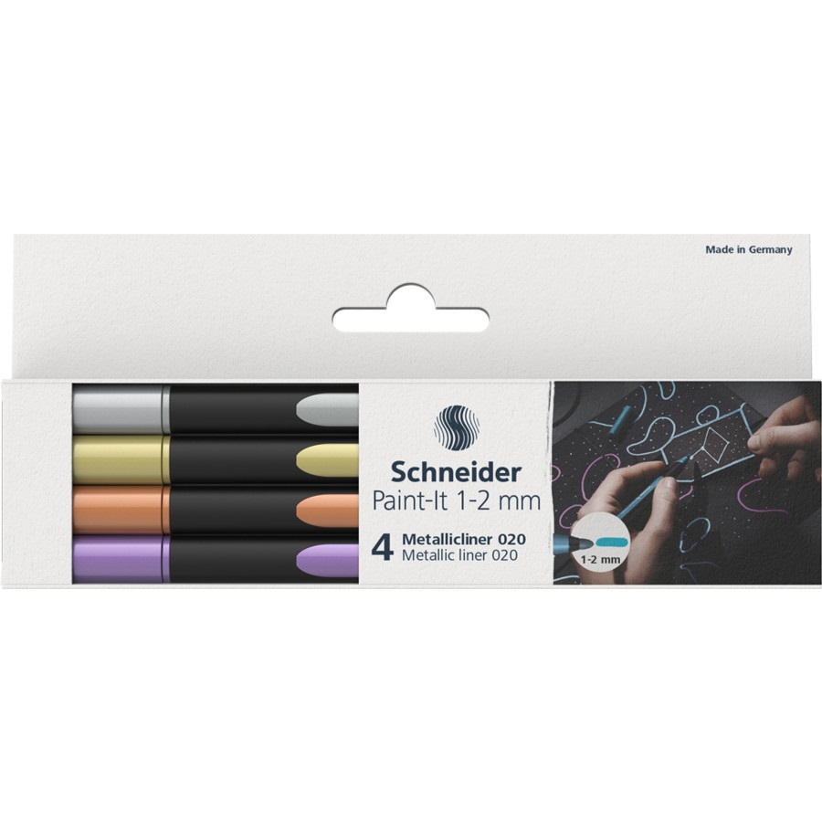 Schneider Pennarello Metallic Liner 020 - Conf. 4 pezzi, Punta 1-2 mm, Colori Assortiti, Fusto in Bioplastica