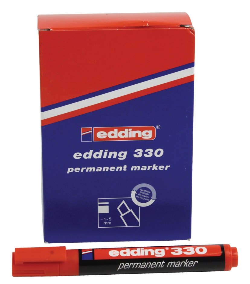 Edding 330 Marcatore Permanente Rosso 10 Pz Punta a Scalpello 1-5 mm - Penne Impermeabili, Asciugatura Rapida, A Prova di Sbavature per Cartone, Plastica, Vetro, Legno, Metallo e Tessuto
