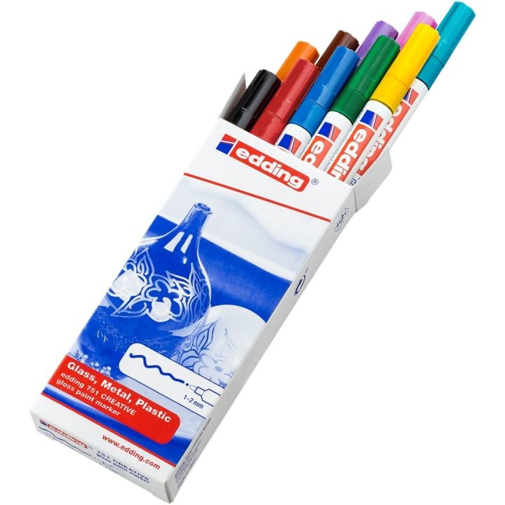 Edding 751 Set di Marcatori a Vernice Lucida Multicolore - 10 pz, Punta Rotonda 1-2 mm, Indelebili per Vetro, Legno, Plastica e Carta