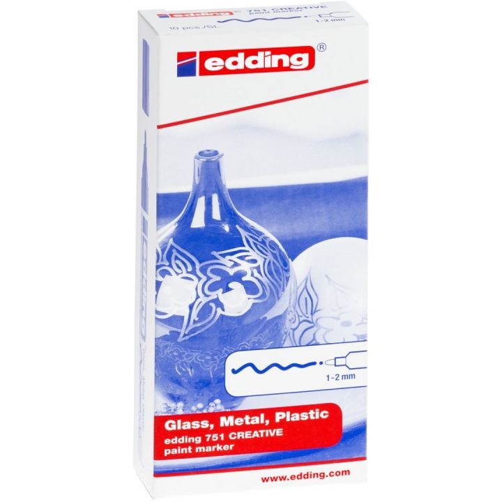 Edding 751 Set di Marcatori a Vernice Lucida Multicolore - 10 pz, Punta Rotonda 1-2 mm, Indelebili per Vetro, Legno, Plastica e Carta