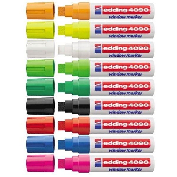 Edding 4090 - Marcatore in Gesso Liquido Punta Scalpello 4-15 mm, 5 Colori Assortiti, Astuccio da 5 Pezzi