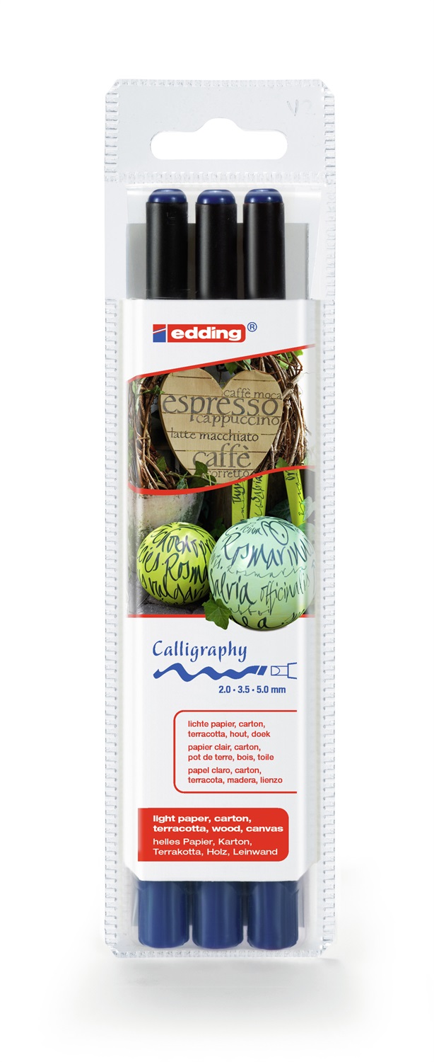 Edding 1255 Pennarello Punta Calligrafica Blu Acciaio - Set 3 pz, Tratti 2,0 mm, 3,5 mm, 0,5 mm, Inchiostro Pigmentato Resistente