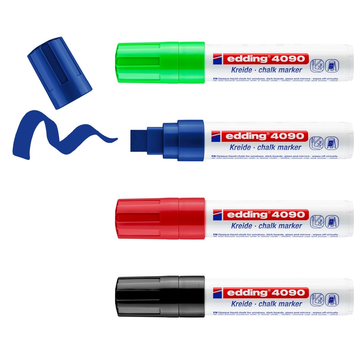 Edding 4090 Marcatore a Gesso Liquido Punta Scalpello 4-15 mm - Confezione da 4 Colori Assortiti per Vetro e Lavagne