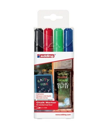 Edding 4095 Marcatore a Gesso Liquido - 4 Colori Assortiti (Nero, Rosso, Blu, Verde) - Punta Tonda 2-3 mm - Cancellabile e Inodore