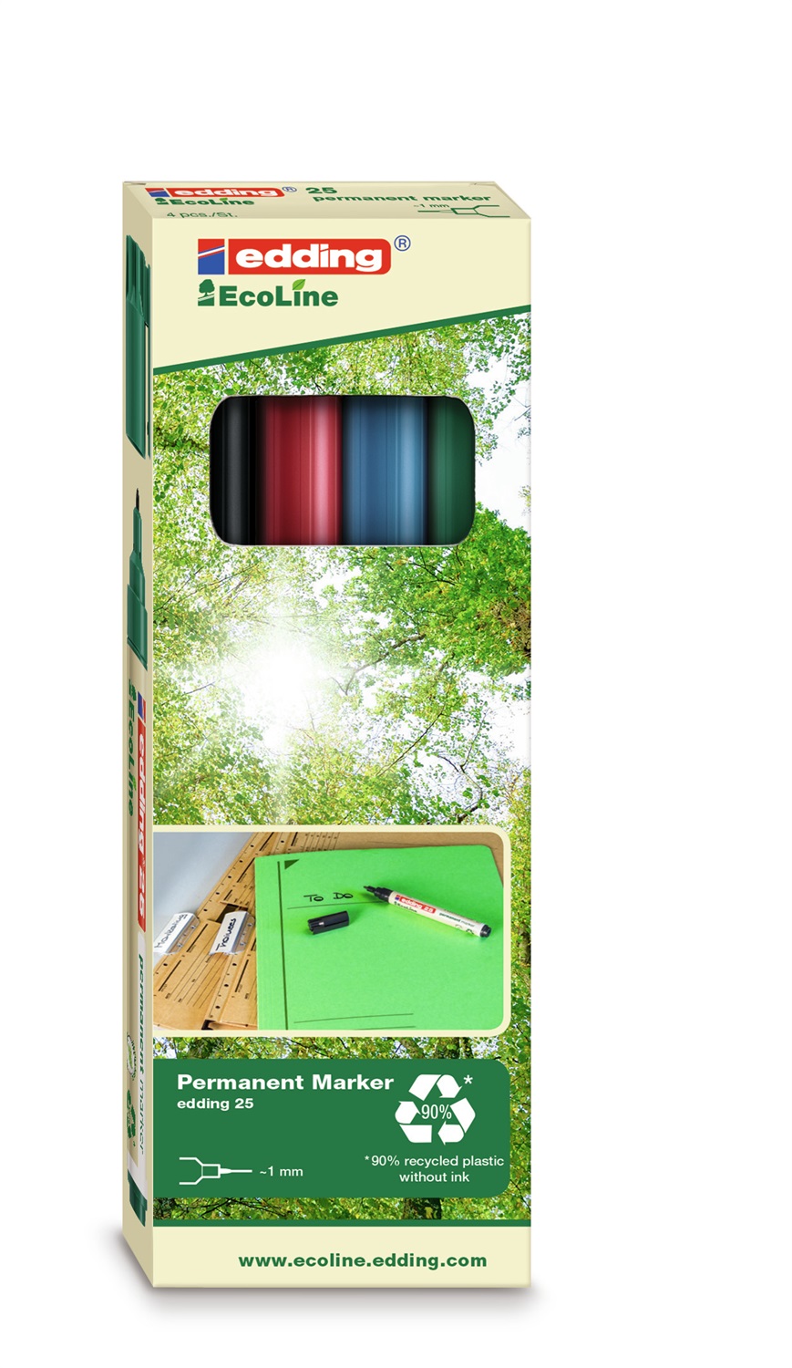 Edding 25 Ecoline Marcatore Permanente Punta Tonda 1.0mm - Colori Assortiti Nero, Blu, Verde, Rosso - Confezione da 4 Pezzi