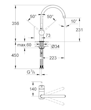 GROHE Minta - Miscelatore Monocomando per Lavello Cucina, Bocca a C, Angolo di Rotazione 0°/150°/360°, Cartuccia in Ceramica 46 mm, Finitura Cromo, Misura 356 mm