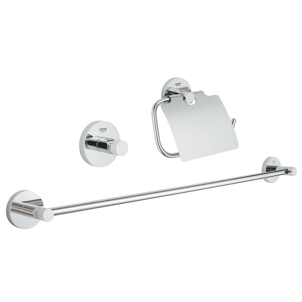 GROHE Essentials Set Accessori Bagno 3-in-1 Cromo 40775001 - Porta Salviette 600 mm, Gancio, Porta Rotolo con Coperchio