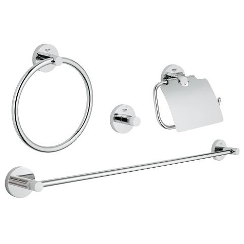 GROHE Set Accessori Bagno 4-in-1 Essentials Cromo 40776001 - Porta Salviette ad Anello, Gancio, Porta Rotolo e Porta Salviette 600 mm