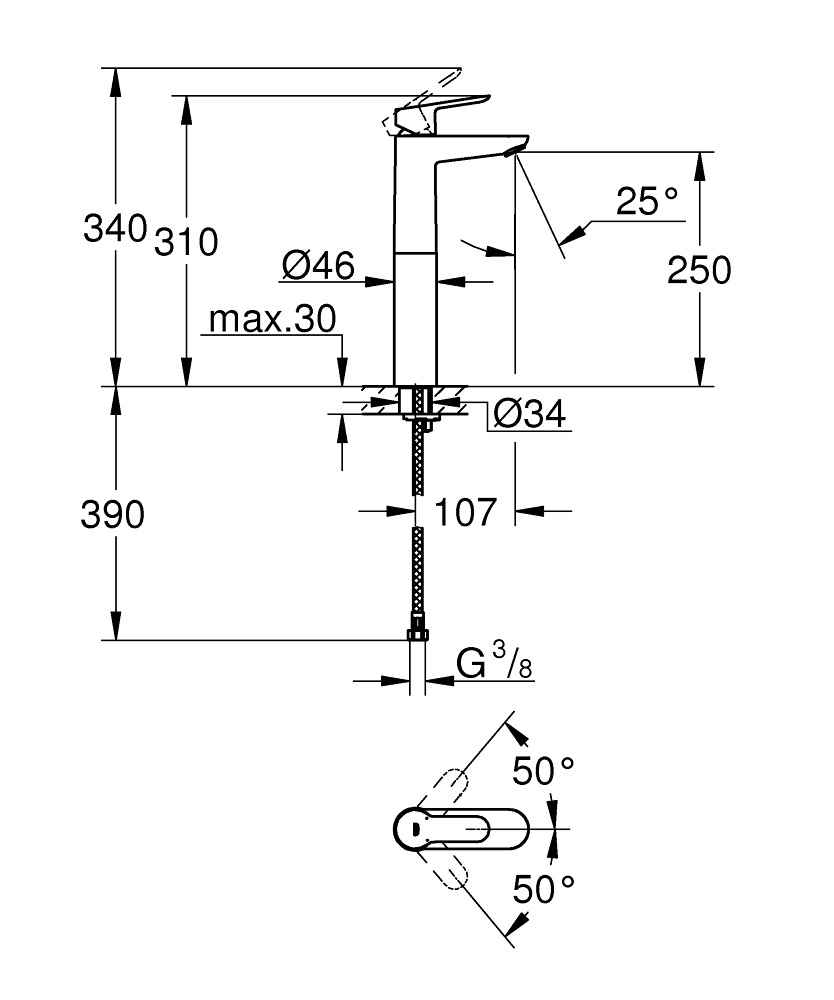 GROHE BauEdge Miscelatore Monocomando per Lavabo Cromo XL - 23761000, Leva in Metallo, Cartuccia Ceramica, Tecnologia EcoJoy