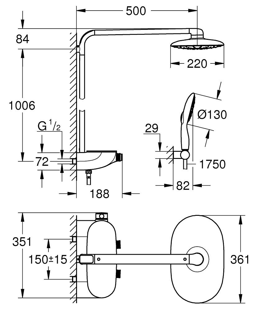 Grohe Rainshower System SmartControl 26361LS0 - Sistema Doccia con Miscelatore Termostatico, Soffione 360 Mono, Tipi di Getto PureRain e Rain O², Bianco/Cromo