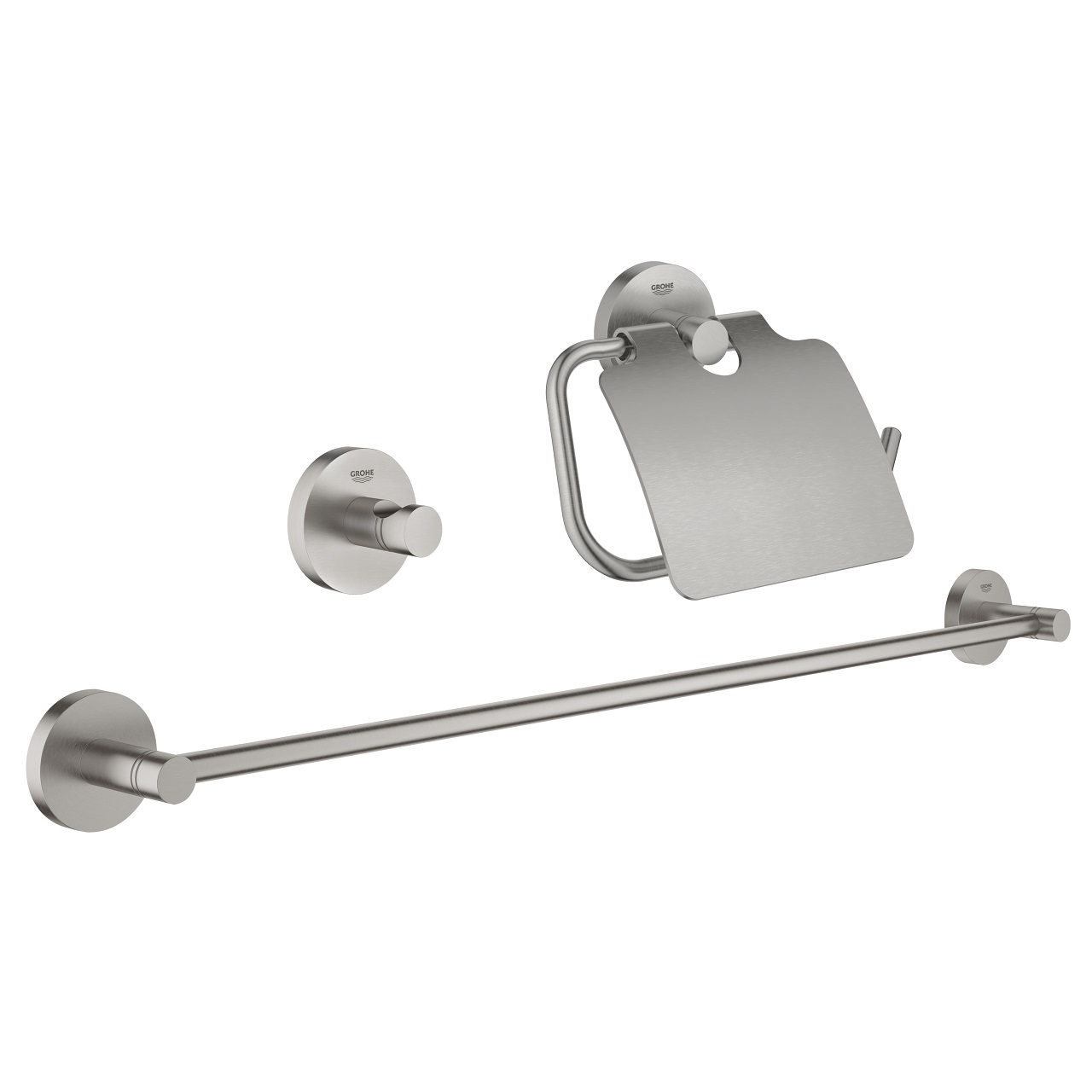 GROHE Essentials Set Accessori Bagno 3-in-1 in Super Steel - Barra Portasciugamani 600 mm, Gancio per Accappatoio e Porta Carta con Coperchio