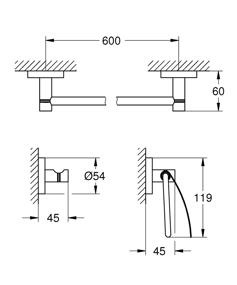 GROHE Essentials Set Accessori Bagno 3-in-1 in Super Steel - Barra Portasciugamani 600 mm, Gancio per Accappatoio e Porta Carta con Coperchio