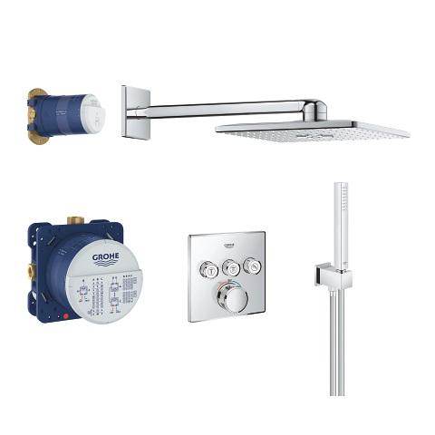 GROHE Grohtherm SmartControl Set Doccia Cromo 34706000 - Miscelatore Termostatico, Soffione Rainshower 310 SmartActive Cube, Braccio Doccia 400mm, Corpo Incasso con 3 Uscite