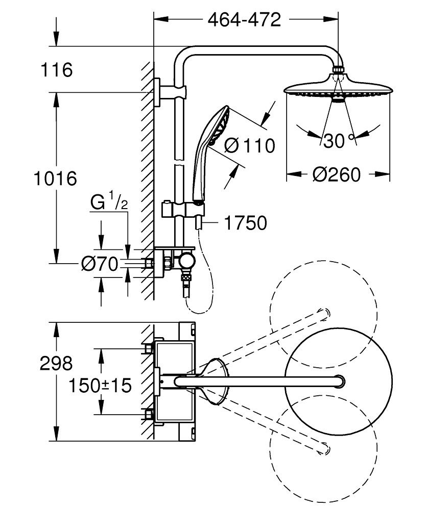 GROHE Vitalio Joy System 260 - Sistema doccia con miscelatore termostatico, 3 getti, supporto regolabile, braccio orientabile, Cromo, 26403001
