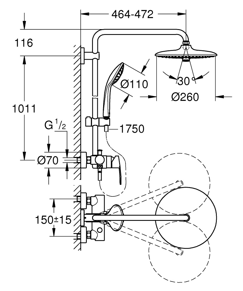 Grohe Vitalio Joy System 260 - Sistema di Doccia con Miscelatore Monocomando, Soffione Tondo a 3 Getti, Cromatura StarLight e Tecnologia EcoJoy