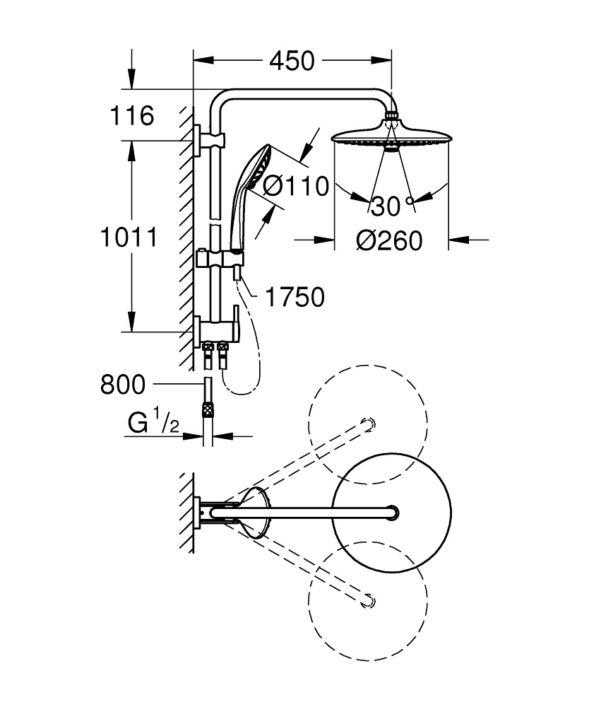 GROHE Vitalio Joy System 260 - Sistema doccia con deviatore, 3 getti, supporto regolabile, braccio orientabile, Cromo, 27357002
