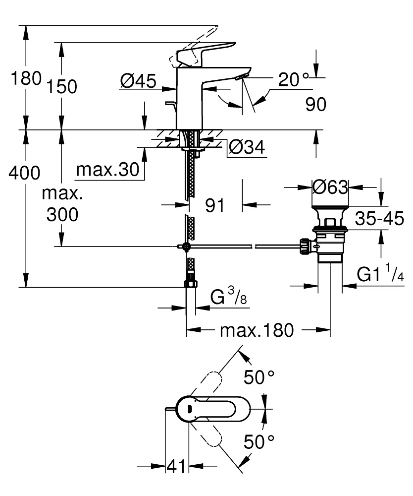 GROHE BauEdge Miscelatore Monocomando Cromo per Lavabo S-Size con Attacco Piletta 1