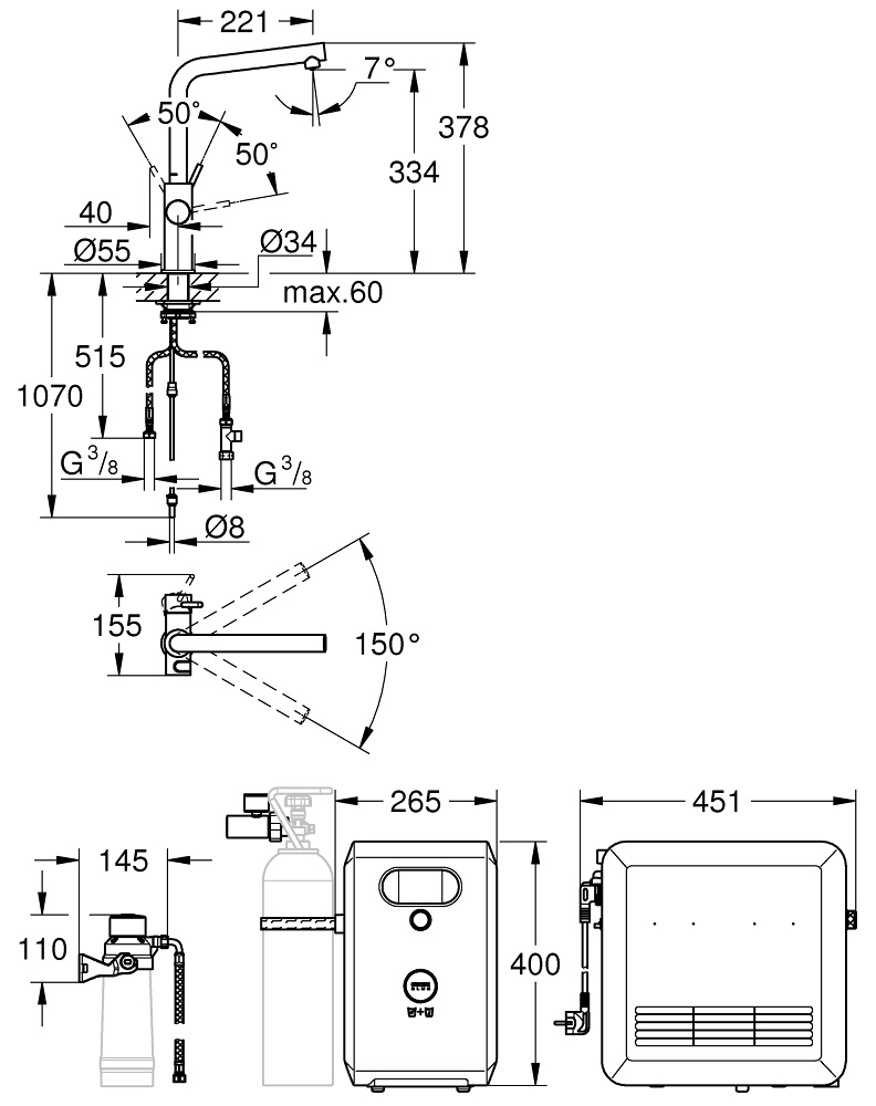 GROHE Blue Professional Miscelatore Monocomando in Acciaio Inox con Sistema di Filtrazione per Acqua Liscia, Leggermente Gassata e Frizzante - Modello 31347DC3