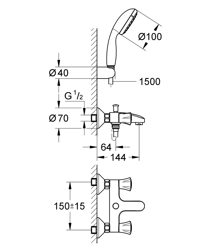 GROHE Costa 2546010A Miscelatore per Vasca e Doccia Cromato a Due Comandi con Deviatore Automatico e Maniglie Isolate Termicamente