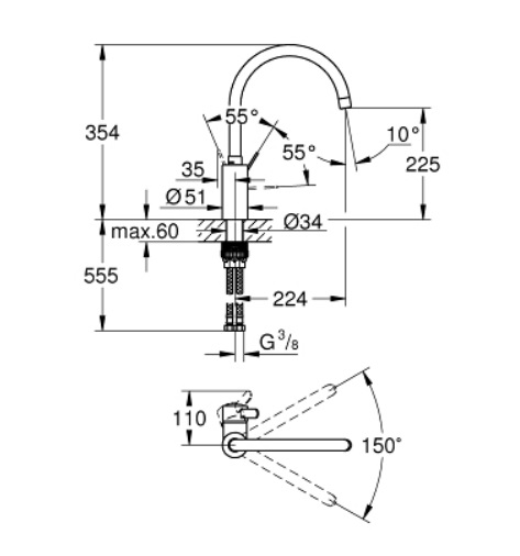 Grohe Eurosmart Cosmopolitan 3284320E Miscelatore Monocomando da Cucina in Cromo con Tecnologia GROHE SilkMove® e GROHE Zero®