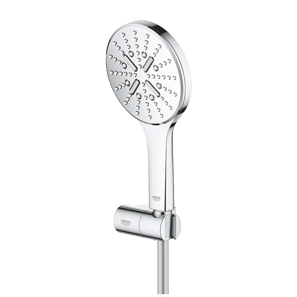 Grohe Rainshower SmartActive 130 Soffione Doccia a 3 Getti, Cromo, Portata Limitata a 9,5 l/min, Set Completo con Supporto e Tubo