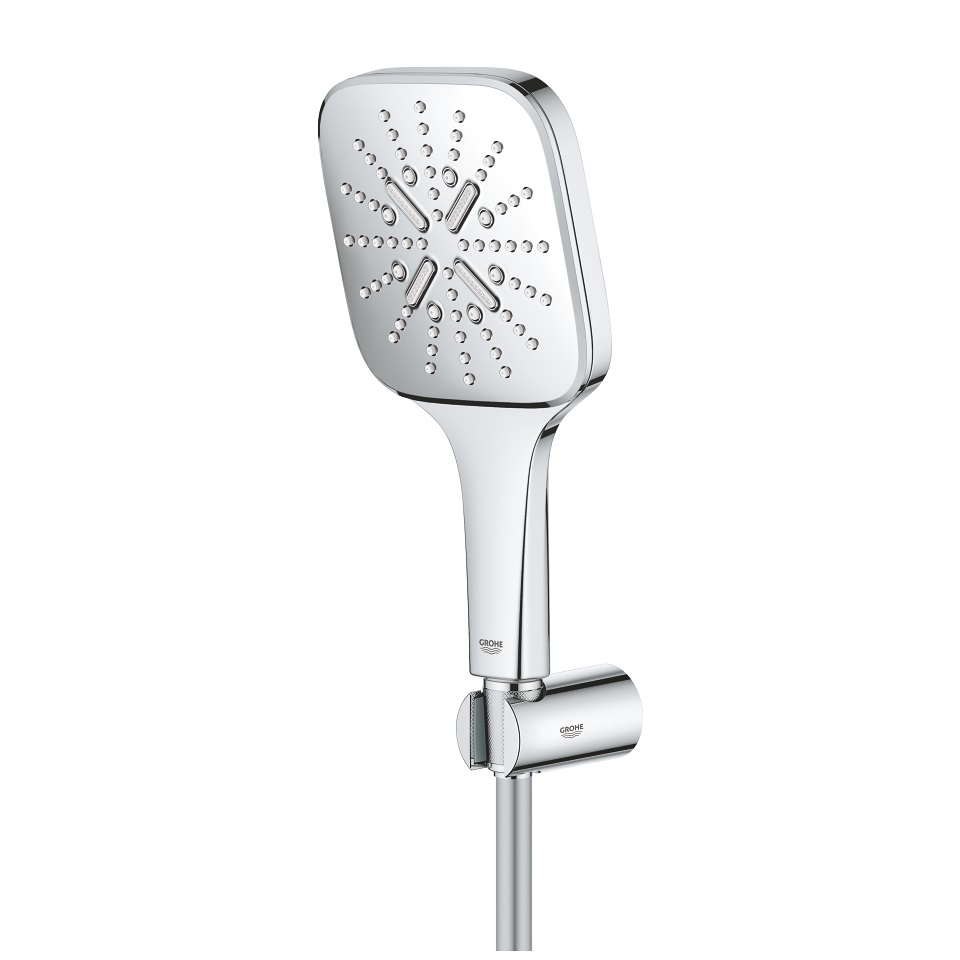 Grohe Rainshower SmartActive Cube 26589000 - Soffione Doccia a 3 Getti, Cromo Squadrato, Portata Limitata a 9,5 l/min, Supporto Fisso, 130 mm