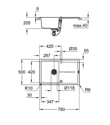GROHE K400 Lavello in Quarzo Composito con Gocciolatoio, Vasca Singola, Granite Black, 78 x 50 cm