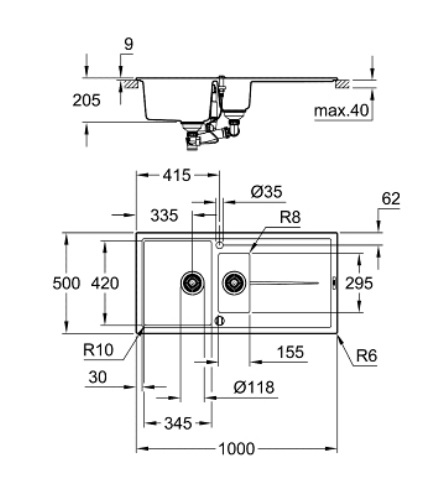 GROHE K400 Lavello 1 Vasca e Mezza con Gocciolatoio Reversibile in Quarzo Composito Granite Black - 100 x 50 cm