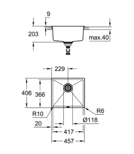 Grohe K700U Lavello Sottotop in Quarzo Composito, Vasca Singola, Granite Black, 45.7 x 40.6 cm