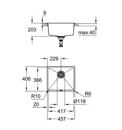 Grohe K700U Lavello Sottotop in Quarzo Composito, 1 Vasca, Granite Black, 53.3 x 45.7 cm