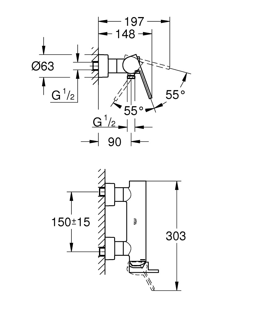 Grohe Plus Miscelatore Monocomando per Doccia a Parete in Cromo - Cartuccia Ceramica 35 mm, Limitatore di Temperatura