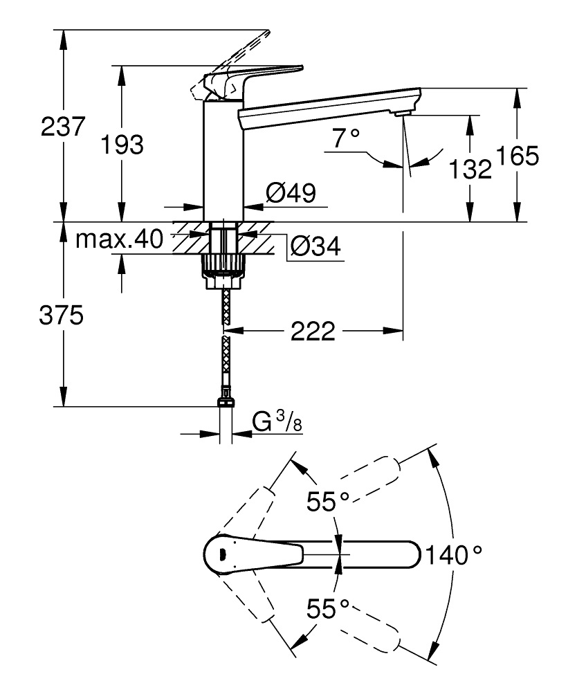 Grohe 31693000 BauEdge Miscelatore da Cucina Monocomando Cromo con Bocca Girevole 140°, Cartuccia LongLife e Tecnologia GROHE Zero