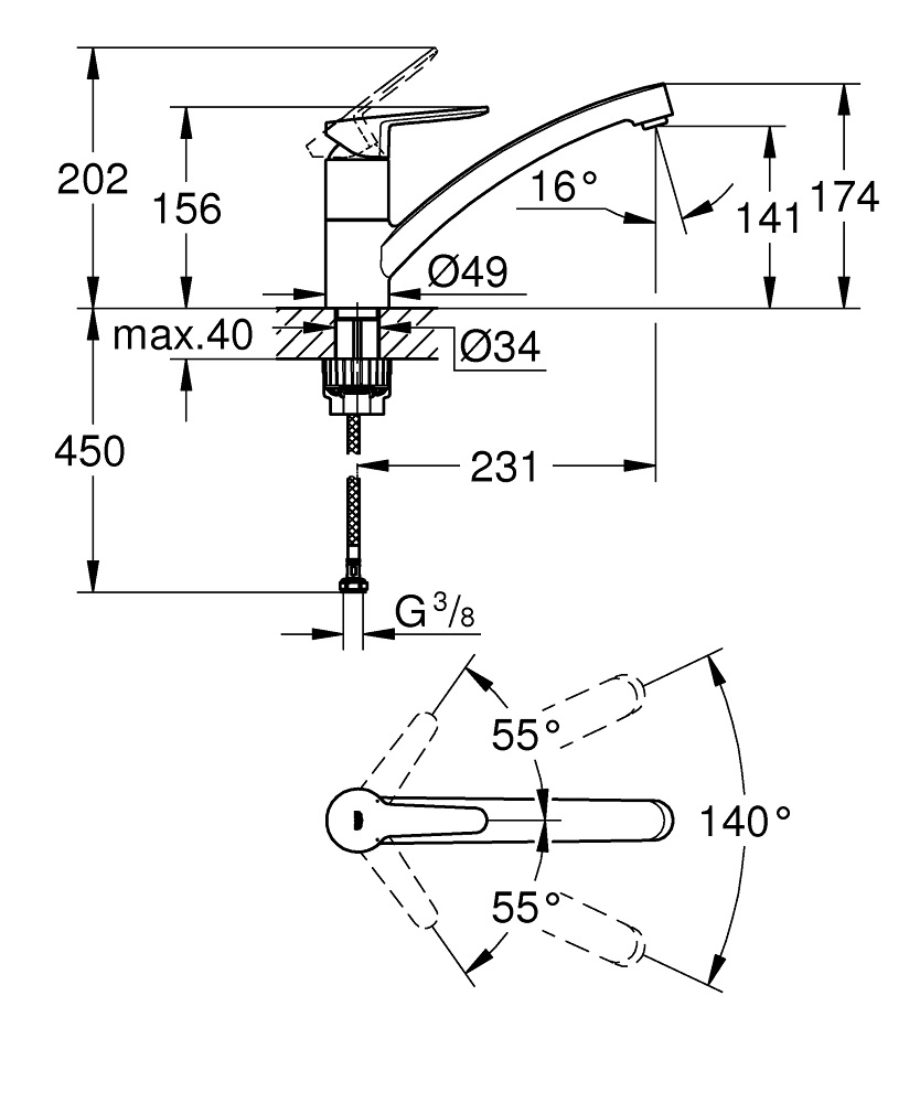 Grohe BauEco Miscelatore Monocomando per Lavello da Cucina, Cromo, Bocca Girevole 140°, Cartuccia GROHE LongLife