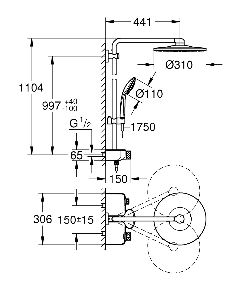 Grohe Euphoria SmartControl Sistema di Doccia 310 Duo con Termostato, 3 Getti, Braccio Doccia 450 mm, Grafite Spazzolata