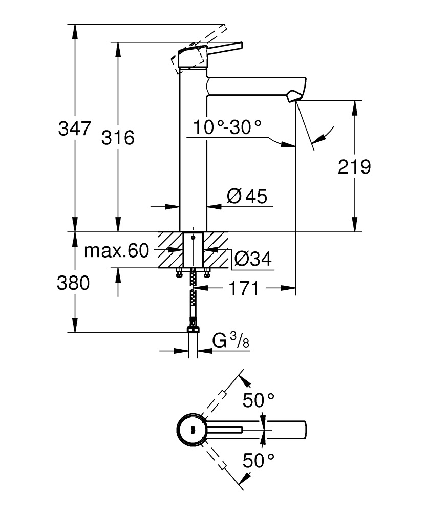 GROHE Concetto Miscelatore Monocomando per Lavabo a Bacinella XL, Finitura Cromo Lucido, Aeratore Regolabile
