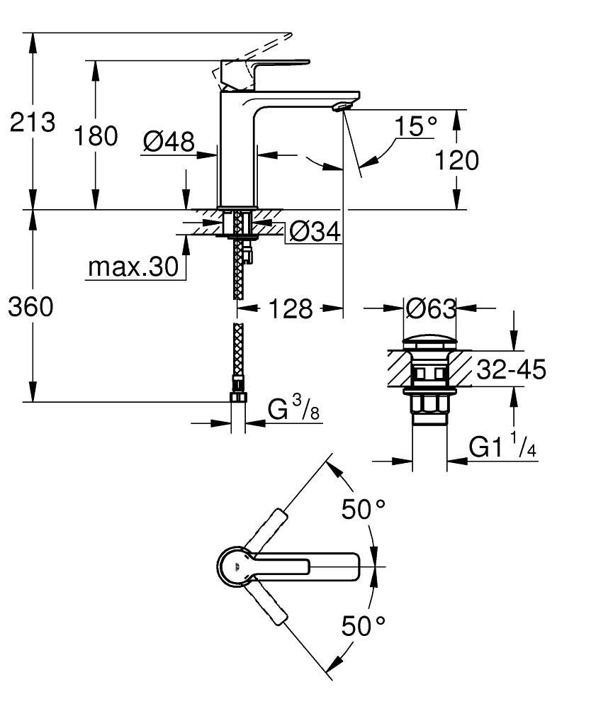 GROHE Lineare Miscelatore Monocomando per Lavabo S, Finitura Grafite Spazzolato, Piletta Scarico Clic Clac, Cod. 23106AL1