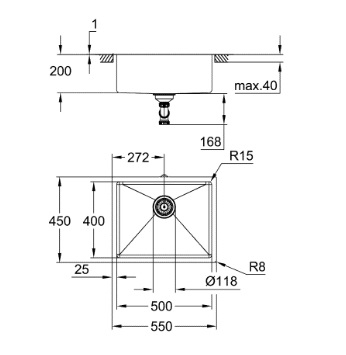 GROHE K700U Lavello da Cucina 1 Vasca Sottotop/Sopratop/Filotop in Acciaio Inox AISI 304 - 55x45 cm con Piletta Automatica e Sifone