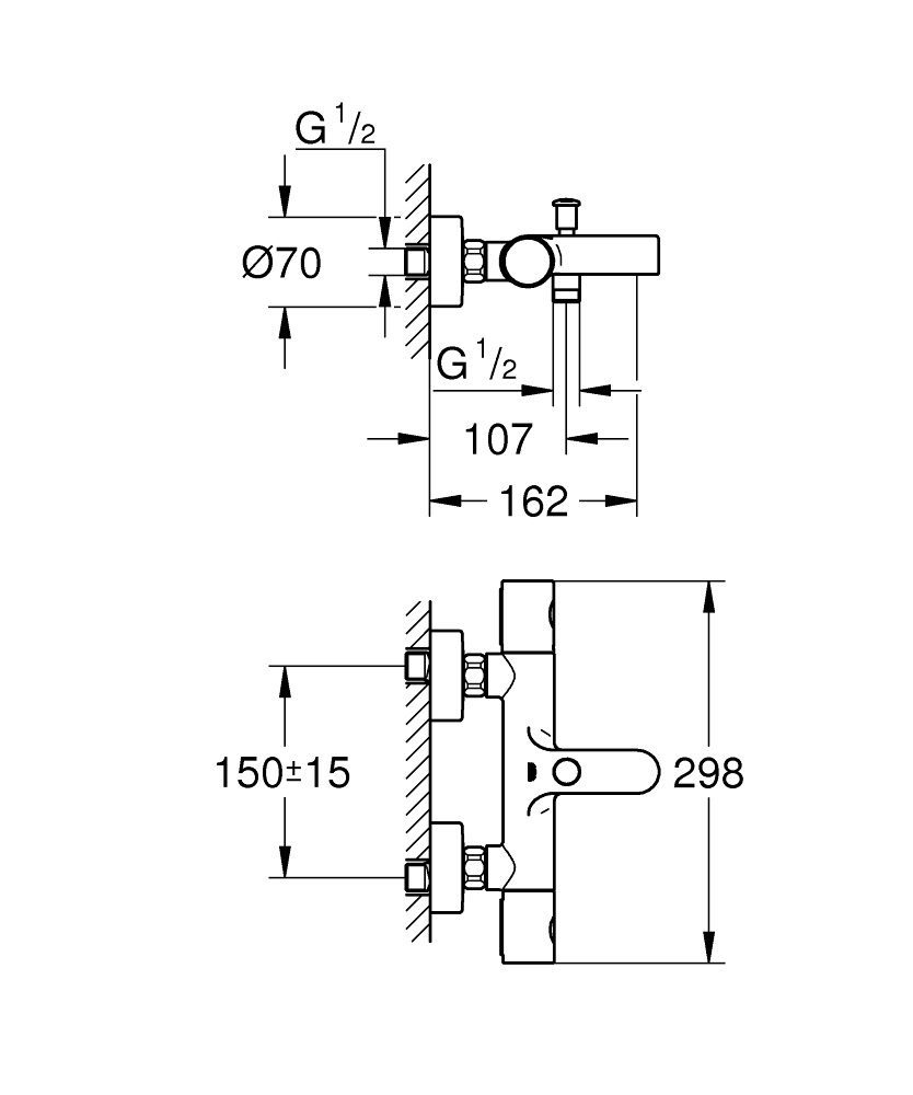 GROHE Precision Get Miscelatore Termostatico per Vasca-Doccia, Installazione a Parete, Cromo Lucido StarLight, Interasse 150 mm, Tecnologia Water Saving e Blocco Sicurezza 38°
