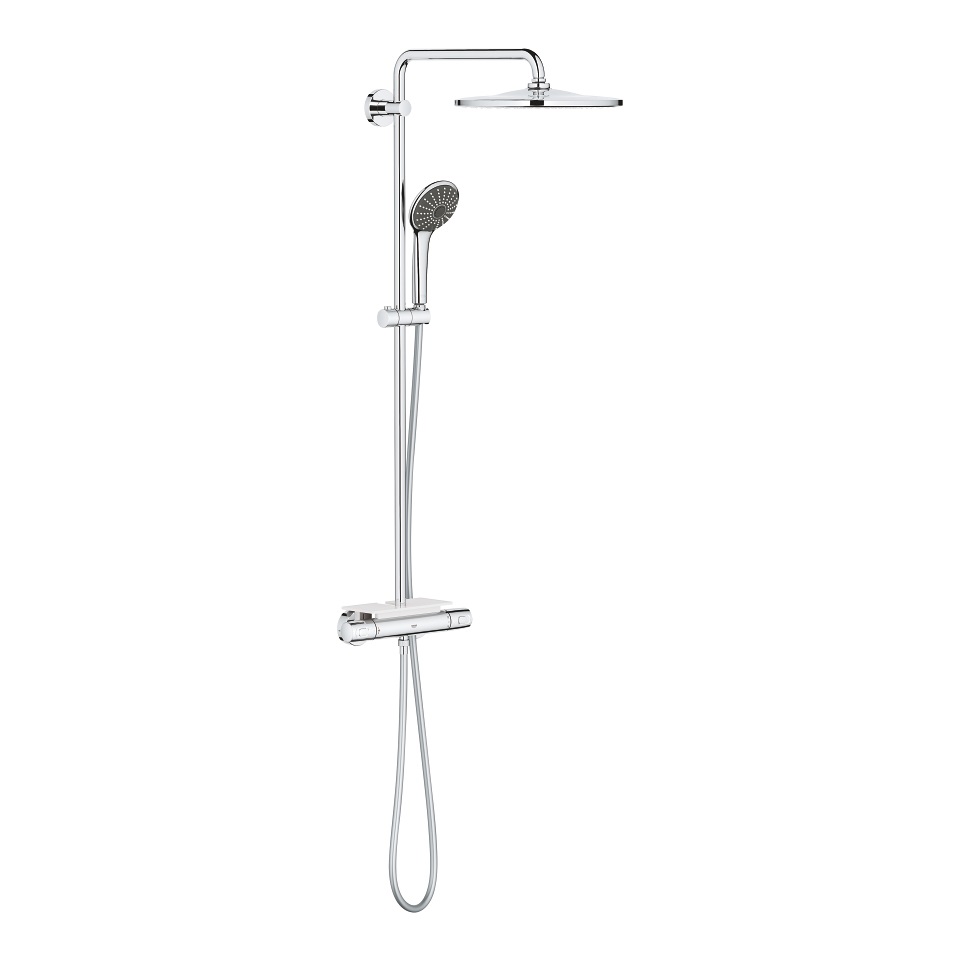 Grohe Vitalio Joy System 310 - Sistema Doccia a Parete con Miscelatore Termostatico, Soffione a 3 Getti, Finitura Cromo e Mensola Portasapone
