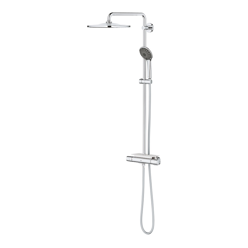 Grohe Vitalio Joy System 310 - Sistema Doccia a Parete con Miscelatore Termostatico, Soffione a 3 Getti, Finitura Cromo e Mensola Portasapone