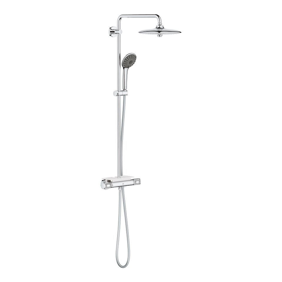 Grohe Vitalio Joy 260 Sistema Doccia a Parete con Miscelatore Termostatico, Soffione a 3 Getti, Braccio Orientabile e Mensola Porta Oggetti - Cromo