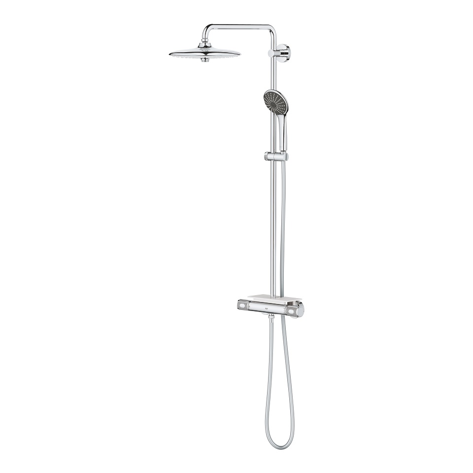 Grohe Vitalio Joy 260 Sistema Doccia a Parete con Miscelatore Termostatico, Soffione a 3 Getti, Braccio Orientabile e Mensola Porta Oggetti - Cromo