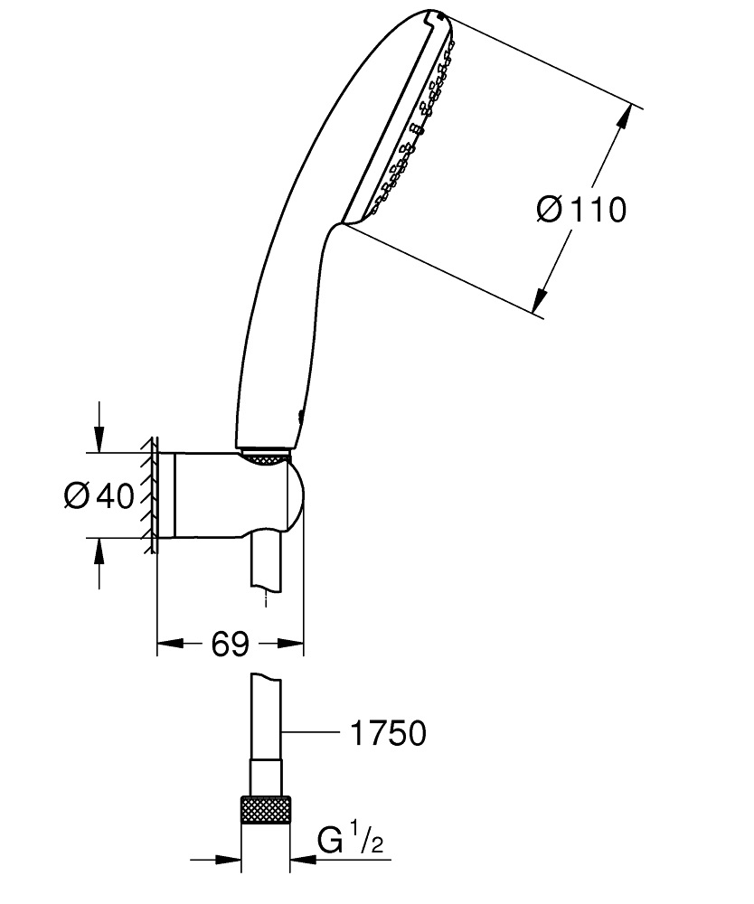 Grohe Vitalio Start 110 Set Doccia Cromo con Supporto a Muro e Tubo Flessibile 1750 mm, Getto Rain e Tecnologia Grohe Water Saving