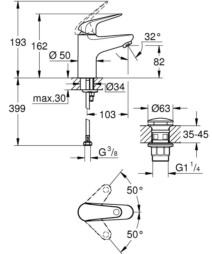 GROHE Swift Miscelatore Monocomando per Lavabo S, Cromo, Cartuccia Ceramica 28 mm, Limitatore di Temperatura, Installazione Monoforo